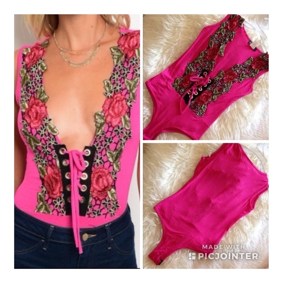 Sexy & Flirty Fuchsia floral lace up Body suit. - Picture 1 of 8